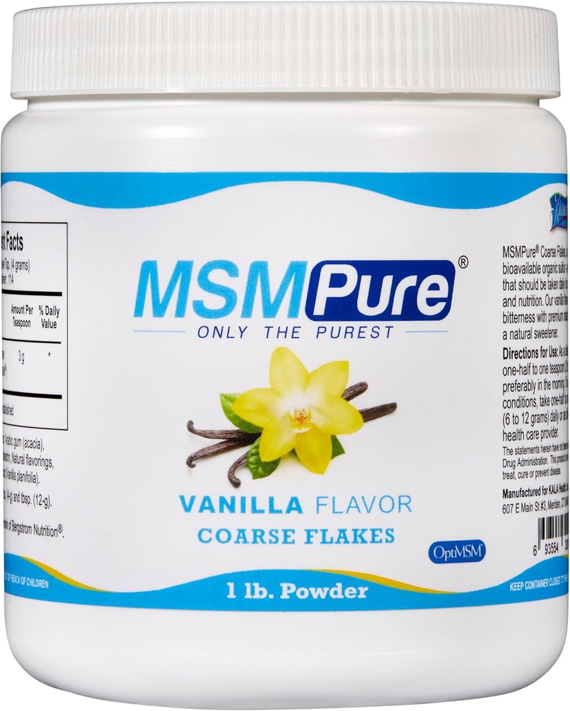 KALA HEALTH MSMPure Vanilla Flavored Coarse MSM Powder Flakes – US-Made MSM для здоровья суставов, внешнего вида кожи и поддержки волос и ногтей – 1 фунт, органическая сера