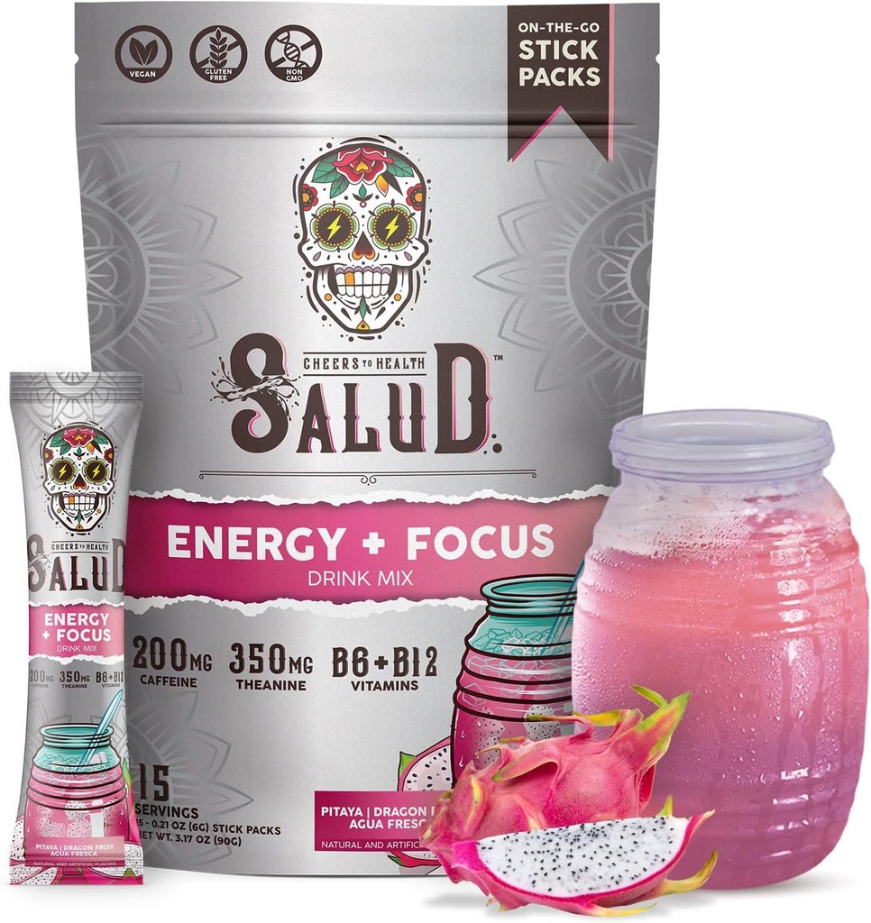 Salud 2- in-1 Energy Drink Powder + Focus, Dragon Fruit, Organic Cafeline, B6 + B12, Theanine, Clean Energy Drink Pakiety, Pitaya Agua Fresca Mix, Non-GMO, Gluten Free, Wegan, 1g cukru, (15 Sług)