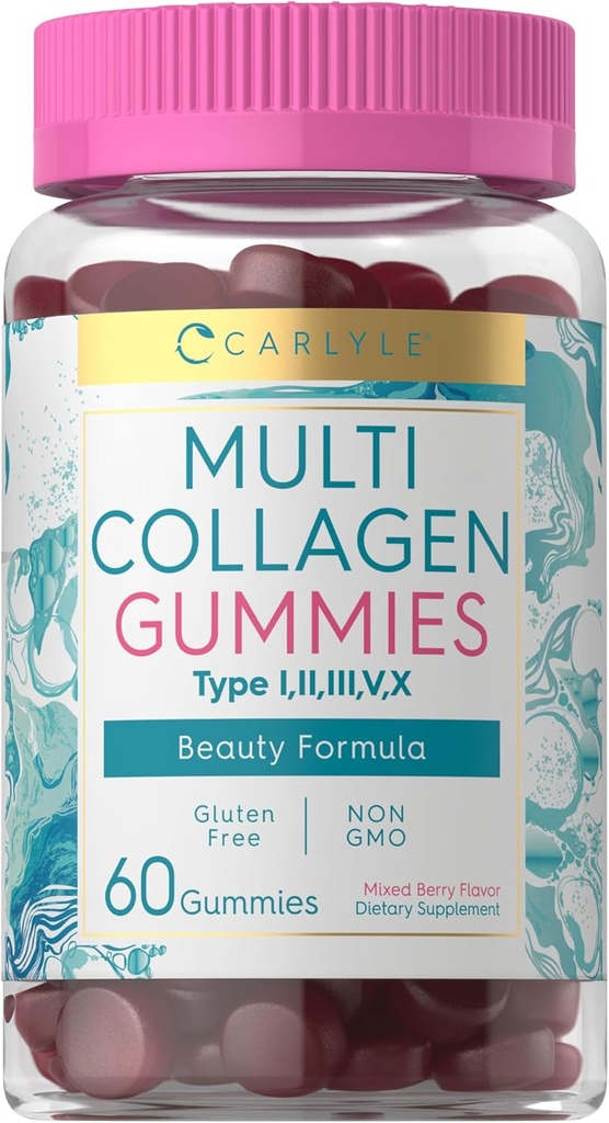 Carlyle Collagen Gummies = 124; 60 Count 124; Multi Collagen Complex, 124; Beauty Formula Supplement; Mixed Berry Flavor 124; Non-GMO, Gluten Free