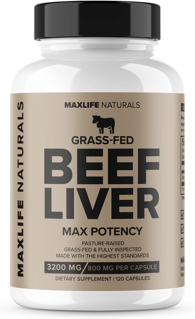Grass Fed Veiseliha Maksalisand (Desiccated) 3200mg - 120 Non-GMO Grass Feed Veiseliha Maksakapslid naistele ja meestele A-vitamiini, B12 energia, Heme Raualisa MaxLife Naturals, USA Made