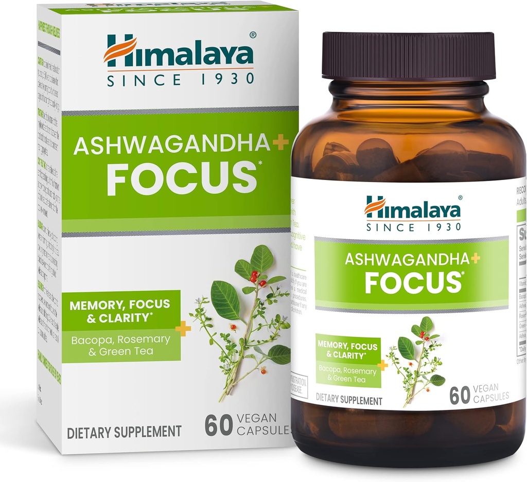 Himalaya Ashwagandha+ Focus - билков Focus добавка с B12, Розмари, зелен чай, и Bacopa Nootropics за памет и яснота - Веган, Non-GMO, Gluten Free, 1690 mg, 60 Caplts