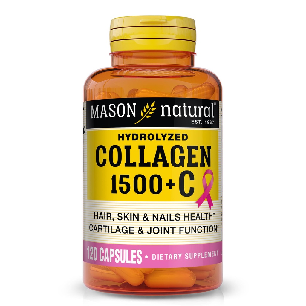 MASON NATURAL 1500mg Collagen with Vitamin C, Biotin, & Calcium, 40 Day Supply Capsules, Supplement for Hair, Skin, and Nails.