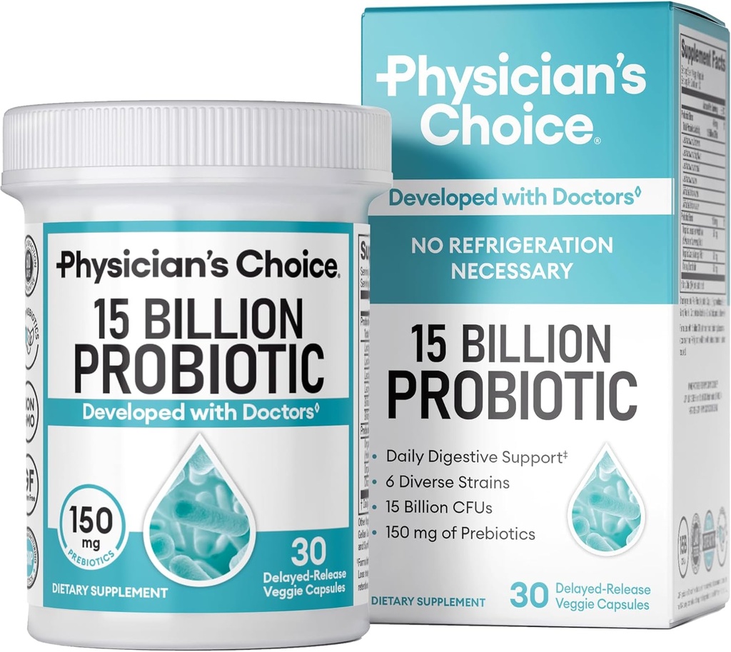 Doktorun CHOICE başlayanlar Probiyotiks 15 milyard CFU - 6 Diverse Strains & Organic Prebiyotiks, Ümumi Digestive Health və Supports Occasional Constipation, Diarrhea, Gas & Bloating