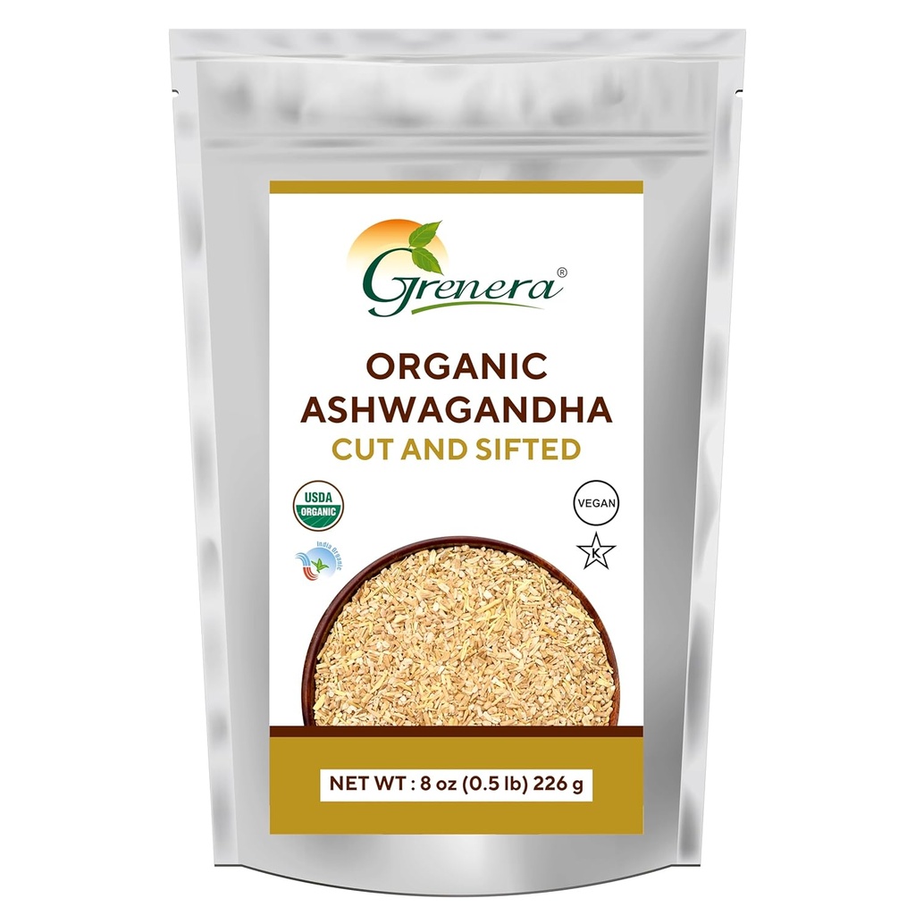 Grenera Organic Ashwagandha Root Cut e Sifted 8 onças, Withania Somnifera USDA Certificado 3 a 5 mm Tamanho, Melhor para fazer chá de ervas