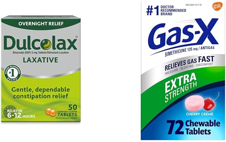 Dulcolax Overnight Relief Laxative for Gentle Constipation Relief, Bisacodyl 5 mg Tablet, 50 Count & Gas-X Extra Strength Chewable Gas Help Tablets