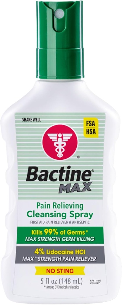 Bactine Max Pain Relieving Antiseptische Spray met Lidocaine, Eerste Hulp Pijn + Itch Relief, No-Sting, doodt 99% van Germs*, 5oz