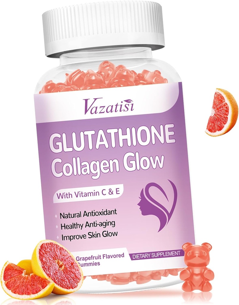 Glutathione Collagen Glow Gummies, Collagen Gummies con vitamina C, E, Glutathione Supplemento per le donne, Cura della pelle, Antiinvecchiamento, Sapore di pompelmo, 60 Conte