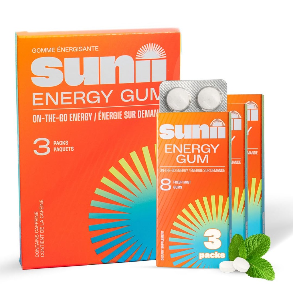 Sunii Nootropic Energy Gum - Quick Boost Energy & Focus - 50mg Caffeine Gum, Fresh Mint Taste - Vitamins B6 & B5, No Sugar & Calorie - Ideal Gifts for Women Faster than Chews, Drinks & Pills (24pcs)