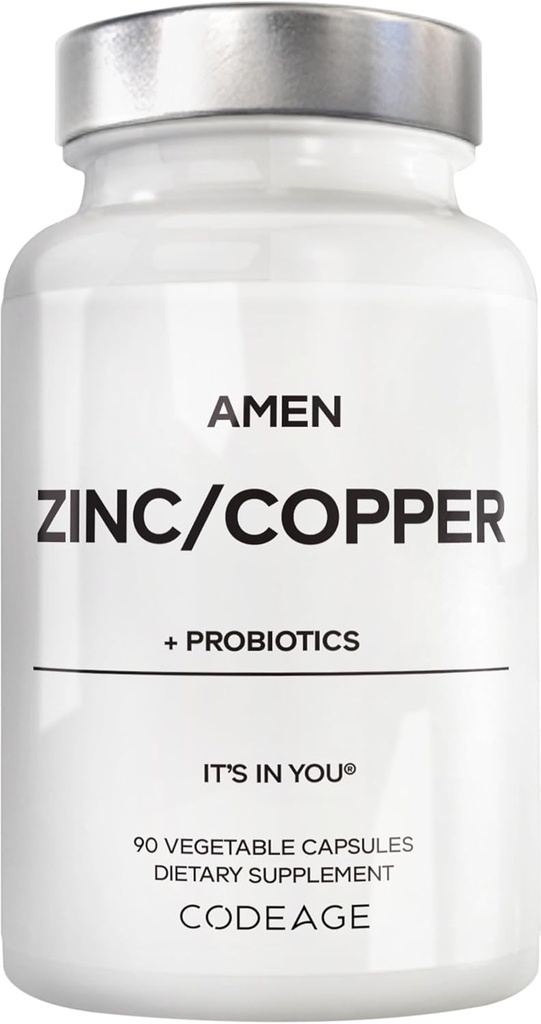 Amen Zinc &amp; Copper Suplemento + Probióticos, 3 meses de suministro, 1 por día - 50 mg Zinc Picolinate Vitamina Pills - Minerales Esenciales Suplementos – 2 millones de UF Probiótico – Vegano, No GMO, 90 cápsulas