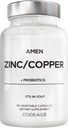 Amem Zinc & Copper Supplement + Probióticos, 3 Meses Abastecimento, Um Por Dia - 50 mg Pills Zinc Picolinate Vitamina - Suplementos Minerais Essenciais - 2 Bilhões UFC Probiótico - Vegan, Não-GMO, 90 Cápsulas