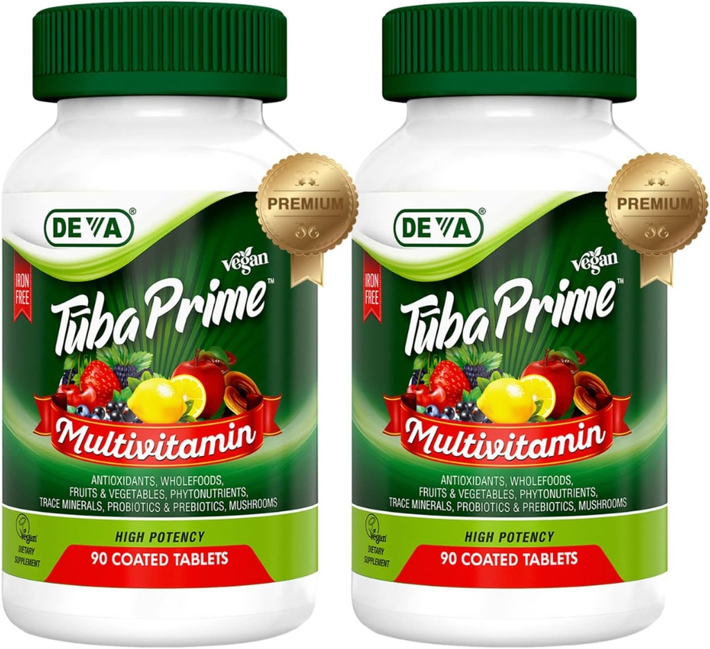 DEVA Tuba Prime Vegan Multivitamin Iron-Free ad alta potenza Vitamina & Mineral Dietetico Supplemento Antiossidanti, Frutta & Veg Blend, Super funghi, Probiotici, Prebiotici, Semi, Erbe 90 Tabs 2-Pack