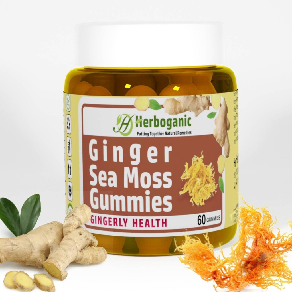 HERBOGANIC Ginger Sea Moss Gummees - Gyógynövény támogatás az immun és emésztési egészség - Plant- Powered, Gluten- Free & Vegan- Friendly - 60 Count