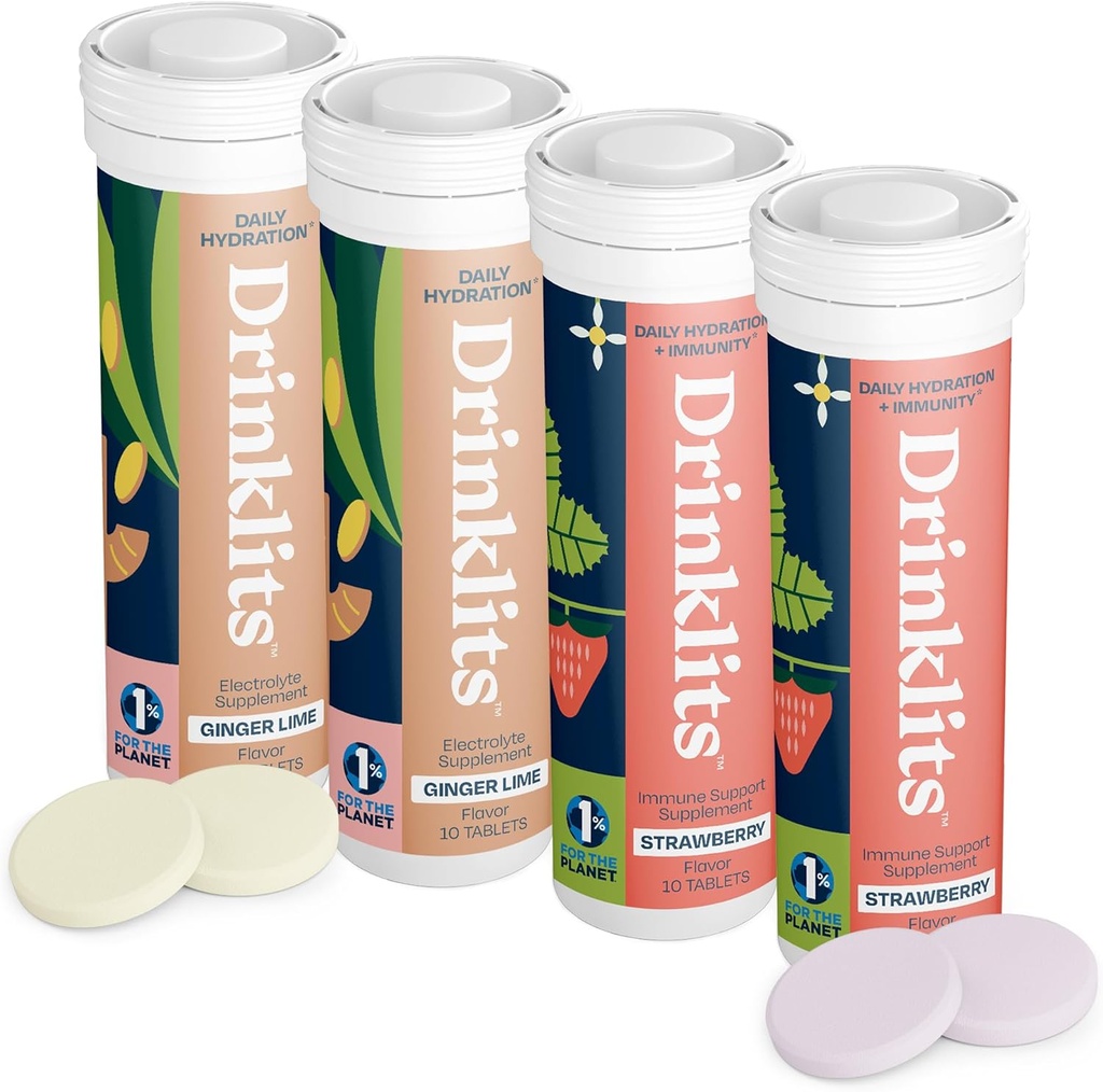 Drinklits Ginger-Lime Hydration Electrolytes & Strawberry Imune Support Tablets (4) Tube Combo Pack – Grande Gosto – Gluten Free – Daily Use □ 4 Pack (40 Servings)
