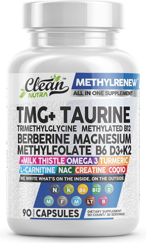 Clean Nutra TMG Добавки 1000mg  по Methylated Multiвитамини за жени Мъже  по Taurine B6 Витамини B12 D3 K2 Kitroglicine Magazine Methylfolate Milk Thistle NAC COQ10 B Complex Capsules