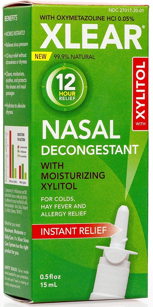 Xlear 12-Hour Natural Saline Nasal Dekongestiv Spray z ksilitolom in oksimetazolinom, Instant Sinus tlak in prezasedenost Relief za otroke in odrasle 0,5 fl oz (Pack z 3)