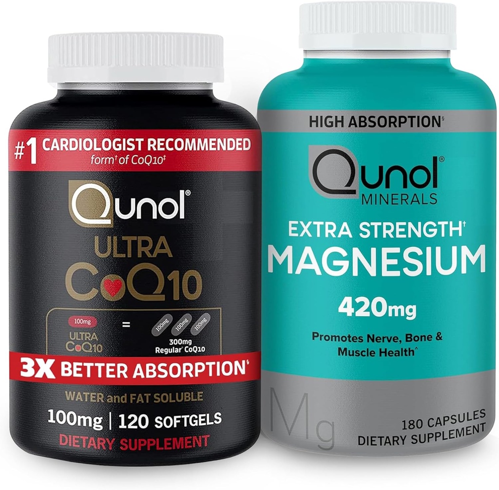 Qunol CoQ10 100mg Softgels, 3X Better Absorption 4 Month Supply + 120 greve Magnesium Glycinate Capsules 420mg, High Absorption Magnesium Supplement, 180 greve