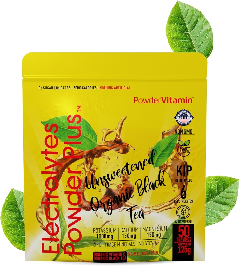 PowderVitamin Electrolytes pulver Plus (50 serveringer) Unsweeted Black Tee Electrolyte pulver keto,SugarFree, Pink Himalayan Salt, 1000mgPotasium, 150mgCalcium, 150mgMagnesium,Hydrasjonspulver NO STEVIA