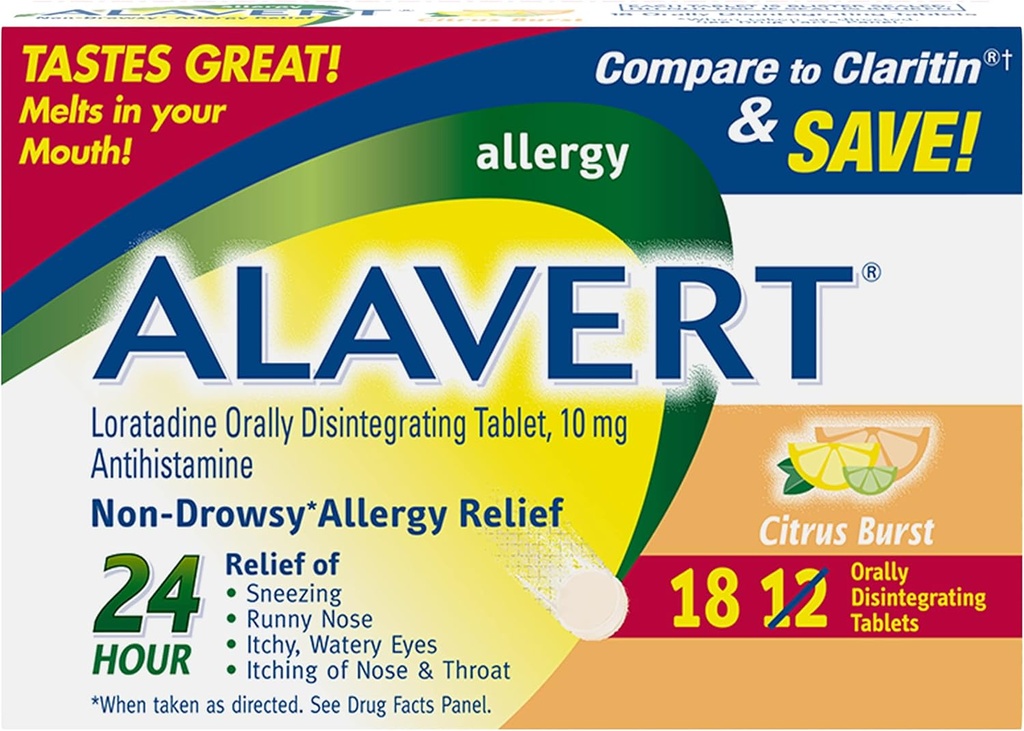 Alavert Allergy 24 Hour הקלה, Citrus Burst Flavor, Orly Disintegrating Allergy Tablet, non-drowsy Antihistamine, Loratadine 10mg, 18 Count Count