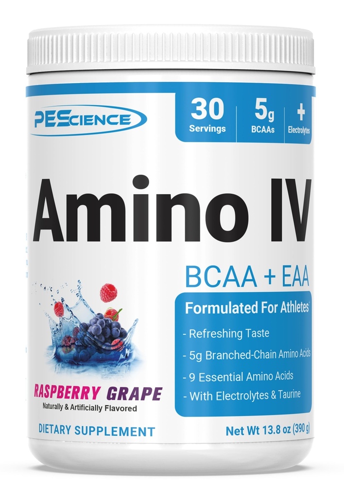 PEScience Amino IV BCAA & EAA Powder, Essential Amino Acids, Taurine, Electrolytes for Hydration and Muscle Recovery, Sugar Free for Men & Women, Post Workout - Raspberry Grape, 30 Servings