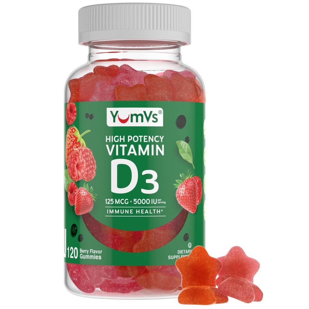 YUM-V'S Vitamin D3 Gummies 5000 IU 125mcg D3 Gummies - Support Immune Support, Strong Bone Health - Non-GMO, Gluten-Free, Dairy-Free, Vitamin D Gummy(120 Count)