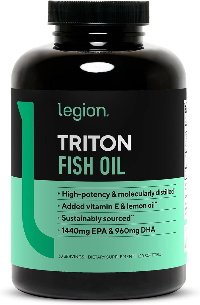 LEGION Triton Fish Oil Capsules - Triple Strength Omega 3 ácidos graxos esenciais con vitamina E e aceite de limón para máxima absorción, frescura e pureza - 2400mg EPA & DHA Per Serving, 30 Svgs
