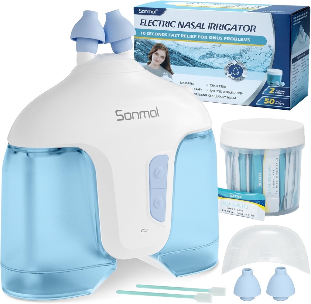 Sonmol Electric Nasal Irrigation System (irrigation nasal, azul), limpeza de nariz para Sinus Adult, limpador Nasal Autolimpado con 50 paquetes Saline