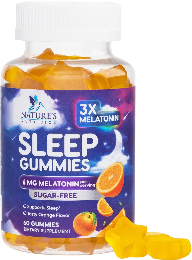 Melatonin Sleep Gummies - Melatonin 6mg Per Serving - Sugar-Free Melatonin Gummy for Adults - Extra Strength Sleeping Gummy Supplement - Supports Restful Sleep - Tasty Orange Flavor - 60 Gummies