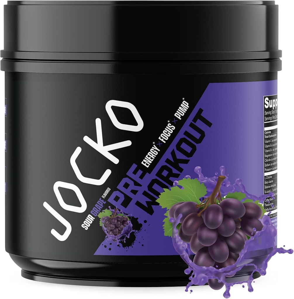 Jocko Paliwo Ultimate Pre Workout Powder - Wstępny trening Energy Powder Drink dla mężczyzn i kobiet - Wysokie Stim Sugarowy Mieszanka Nootropowa do wsparcia pompy mięśniowej, Energia, & Odzysk 200 mg Sour Grape