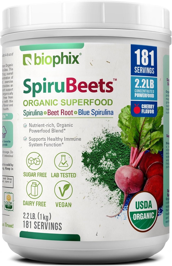 biophix Organic SpiruBeets 2.2 lbs Sprirulina - Beet Root - חלבון-Rich Acent-Dense Superfoodאבק - עשיר Nitric Oxide