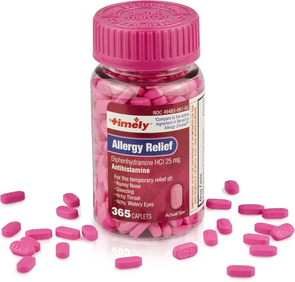 Alivio de Alergia Temporal Diphenhydramine HCl 25 mg - 365 Caplets - Comparado con Benadryl Alergy Ultratab - Antihistamine - Alergía Medicamento - Runny Nose Relief for Adults - Tratamiento de los Ojos Acuosos