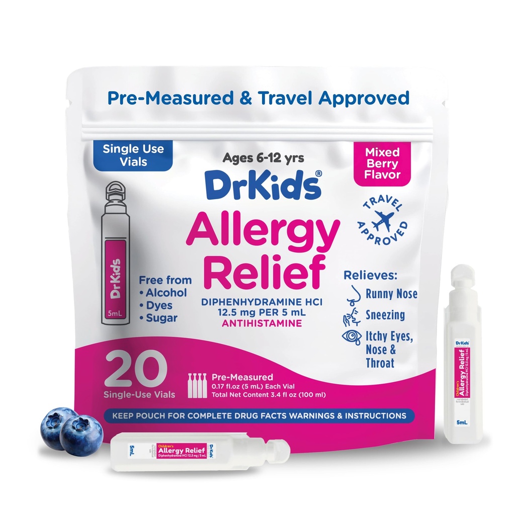 Dr. Kids Children's Allergy Relief Medicine with Diphenhydramine HCl 12.5 mg - Pre-Measured Single-Use Vials, Kids Antihistamine for Sneezing, Runny Nose & Itchy Eyes, Mixed Berry Flavor, 20 Count
