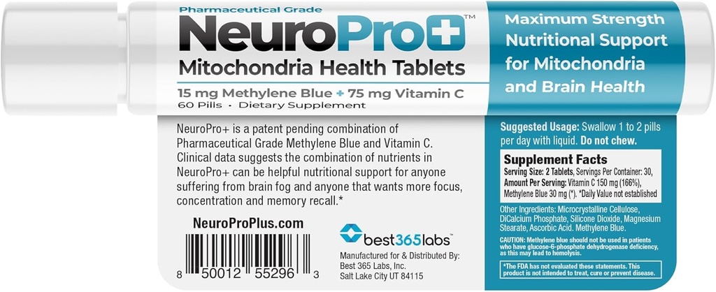 NeuroPro+ - Methylen Blue und C Complex - Maximale Stärke Mitochondrien Support Tablets - Fast Acting Mental Clarity Support - 60 Tablets