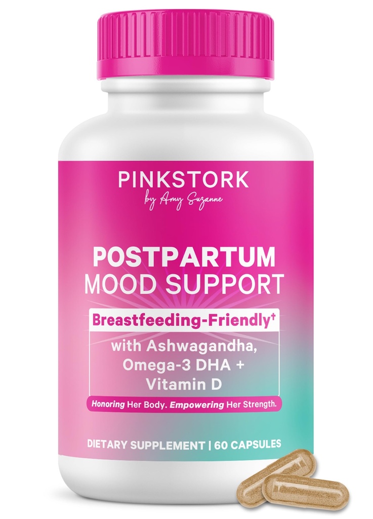 Pink Stork Postpartum Mood Support – Postnatal Supplement for Women – Breastfeeding Friendly – Ashwagandha, Saffron, DHA, Methylated B12 – Stress & Cognitive Support – 30-Day Supply