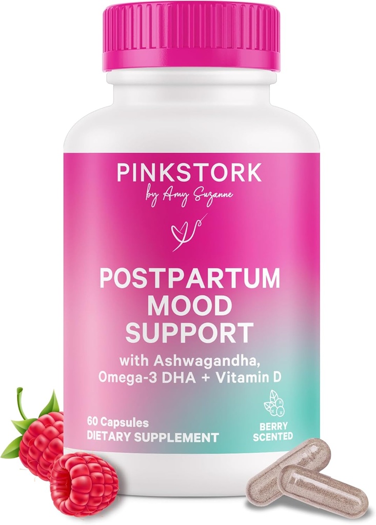 Pink Stork Postpartum Mood Support - Postnatal Hormone Balance for Women - Breastfeeding Friendly - Stress & Cognitive Support, New Mom Essentials - Ashwagandha, Chamomile, & vitamina D, 60 cápsulas