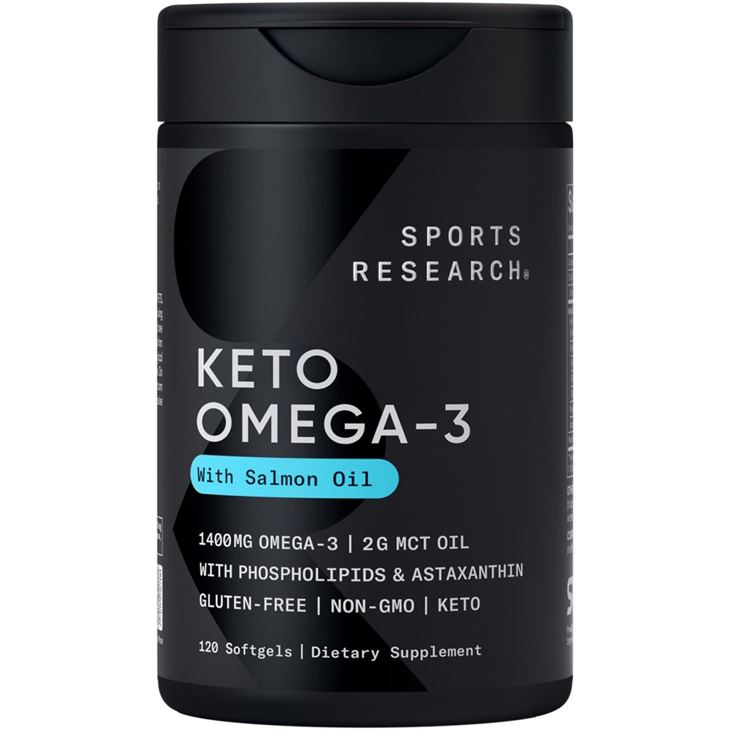 Sports Research Keto Omega Fish Oil with Wild Sockeye Salmon, Antarctic Krill Oil, Astaxanthin & Coconut MCT Oil - 1200mg of EPA & DHA per Serving | Keto Certified & Non-GMO Verified (120 Softgels)