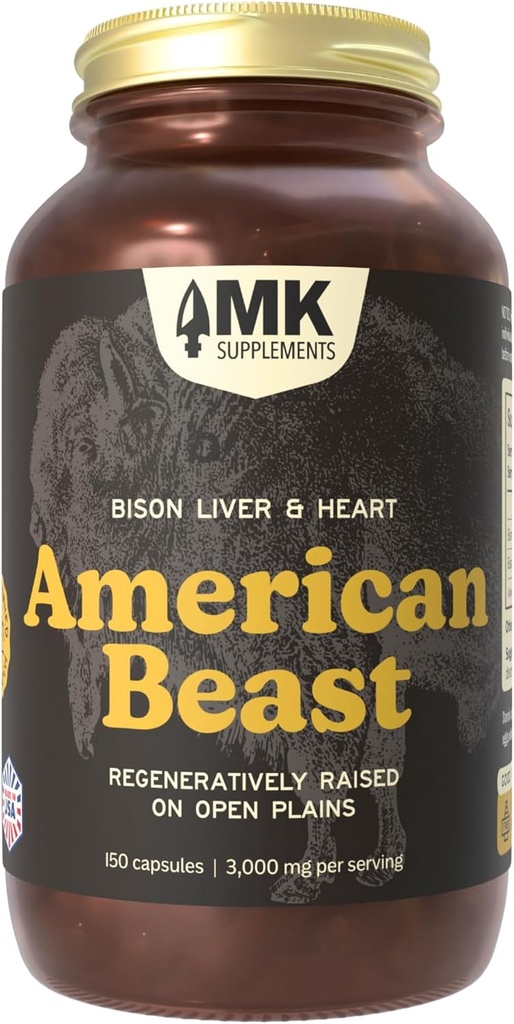 MK Supplements American Beast, Bison Organ Supplement for Atletics, Wsparcie Siły, Endurance & Recovery, Freeze- Suszony, Non- GMO, Bison Liver & Bison Heart, 30 Sług (3000 mg każdy)