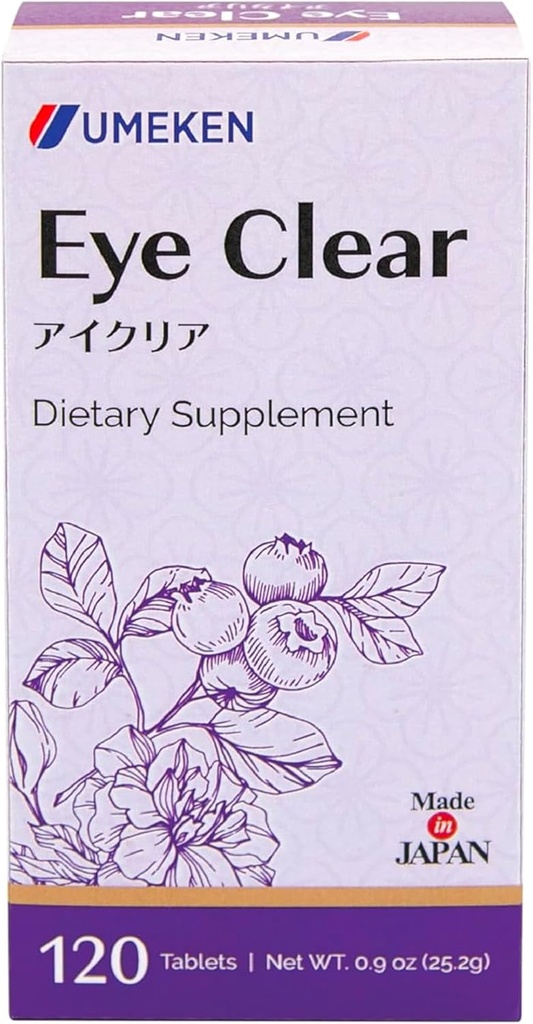 Umeken Eye Clear Dietary Supplement, Blueberry Extract, Lutein, Zeaxanthin, Ginkgo, 성인, 아이 비타민, 2 개월 공급, 120 정제, 120 팩