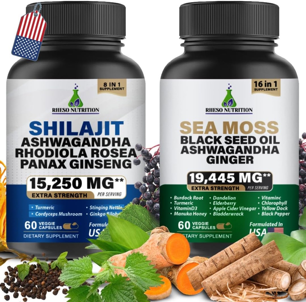 Sea Moss & Shilajit Multivitamin Bundle - Sea Moss 7000mg, Shilajit 9000mg, Black Seed Oil 4000mg, Ashwagandha 2000mg, Ginger & Rhoddiola Rosea 1000mg, Vše v 1 Dodatky