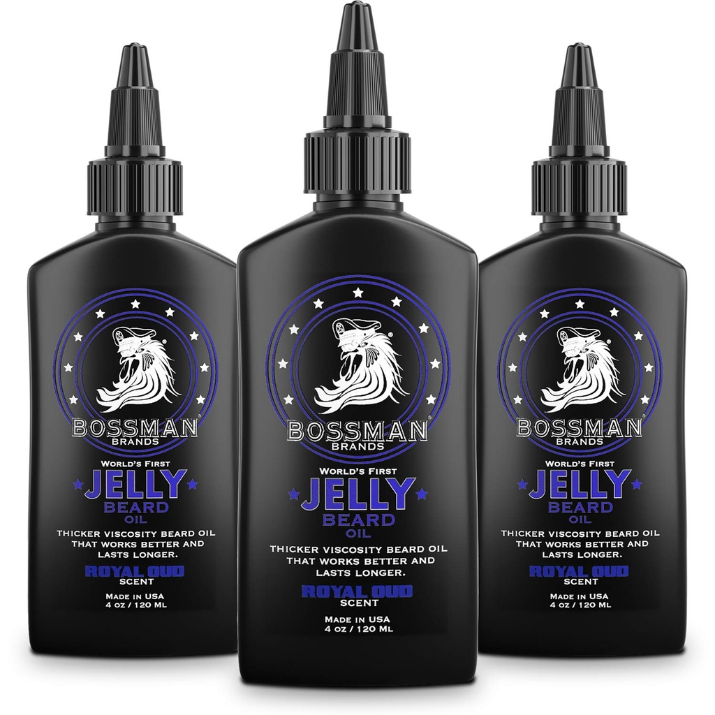 Bossman Jelly Beard Oil for Men - 3 packs (12 oz au total, Royal Oud Scent) – Adoucit, hydrate et condition avec des ingrédients naturels