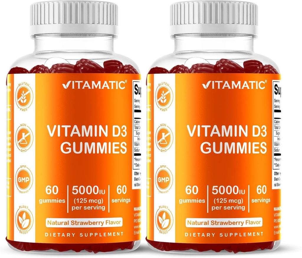 Vitamatic Vitamin D3 Gummies – 5000 IU Per Gummy | 병 당 60 구미 | 2 팩 (총 120 개) 훌륭한 맛 | Bone, Teeth, Mood, Joint & Immune Health 지원