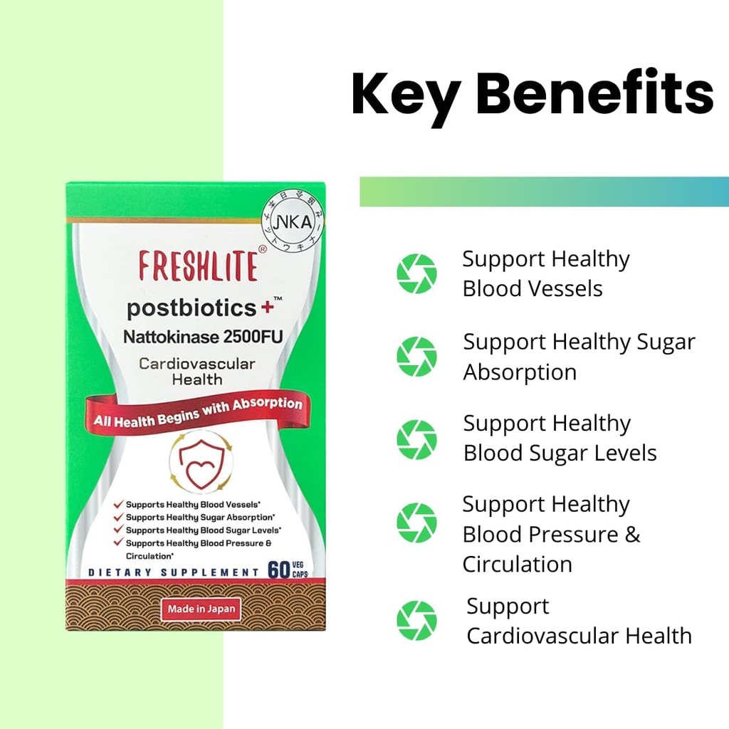 FRESHLITE 2500FU Premium NSK-SD Nattokinase & Vegan Postbióticos para Apoio Cardiovascular
