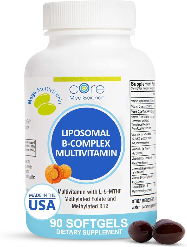 핵심 Med 과학 Liposomal 메틸을 섞은 Multivitamin B 구획, 90 Softgels - 심장 건강을 위한 비 GMO 활동적인 최고 B Complex 비타민 보충교재 - VIT 메틸 B 복잡한 면역성이 있는 지원 보충교재
