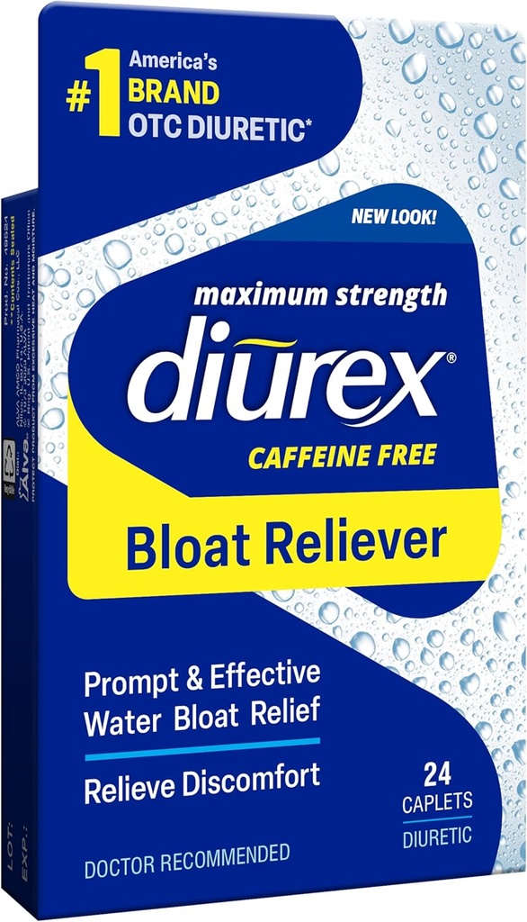 Diurex Caffeine-Free Bloat Relief, Maximum Strength, Relieve Water Bloat Discomfort, Up to 6 Hours of Relief, 24 Count