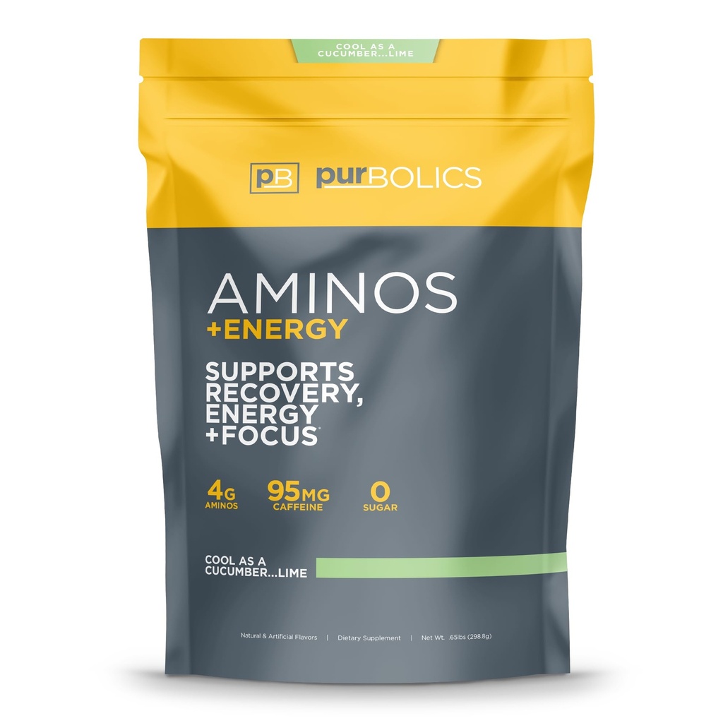 Purbolics Aminos + Energy | Supports Recovery, Energy & Focus | 95mg of Caffeine, 0 Sugar & 60 Servings (Cool As Cucumber…Lime)