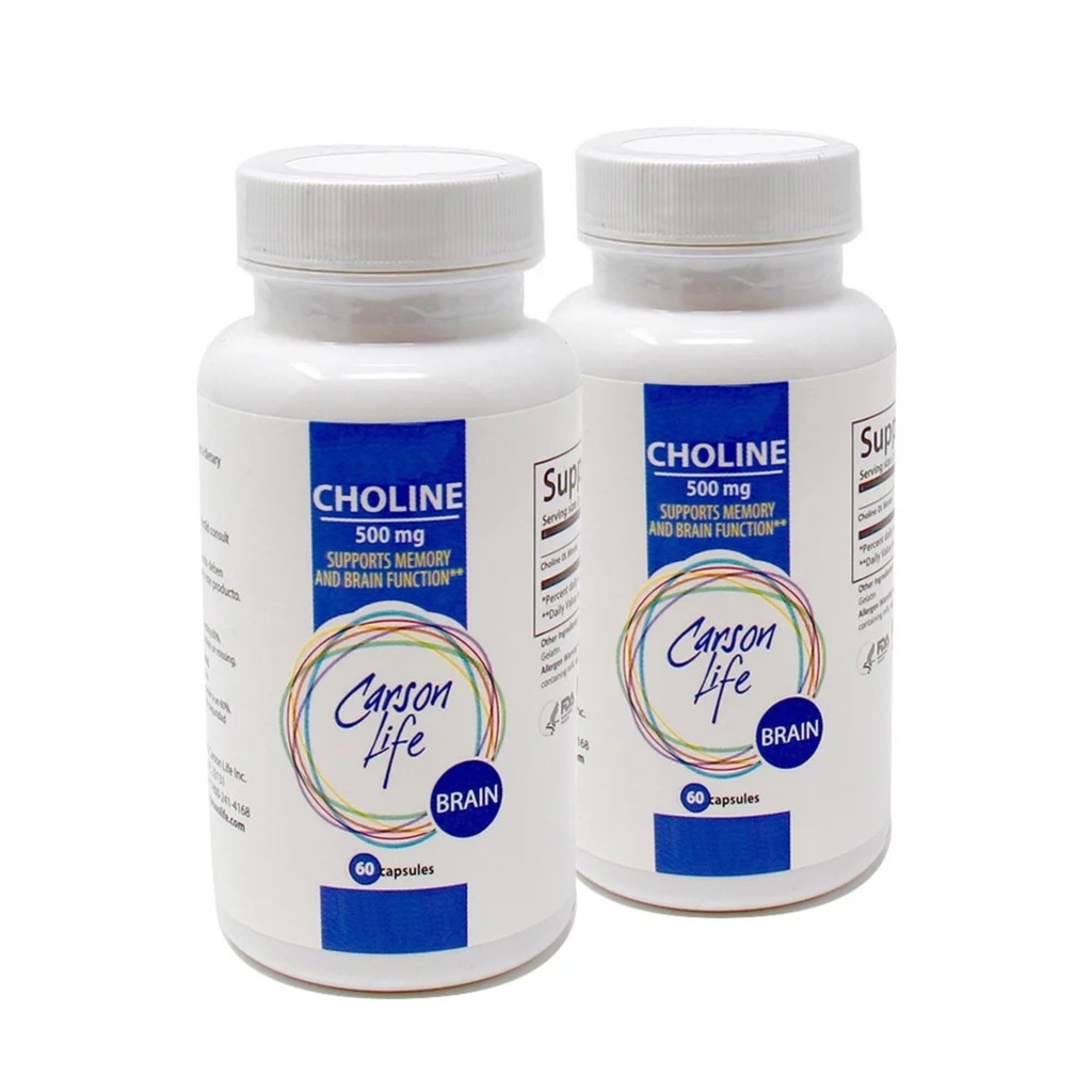 Carson Life Choline 500 mg Capsules (2 Pack) - Choline Dietary Supplement - Supports Cognitive, Liver & Nervous System Function - Unflavored