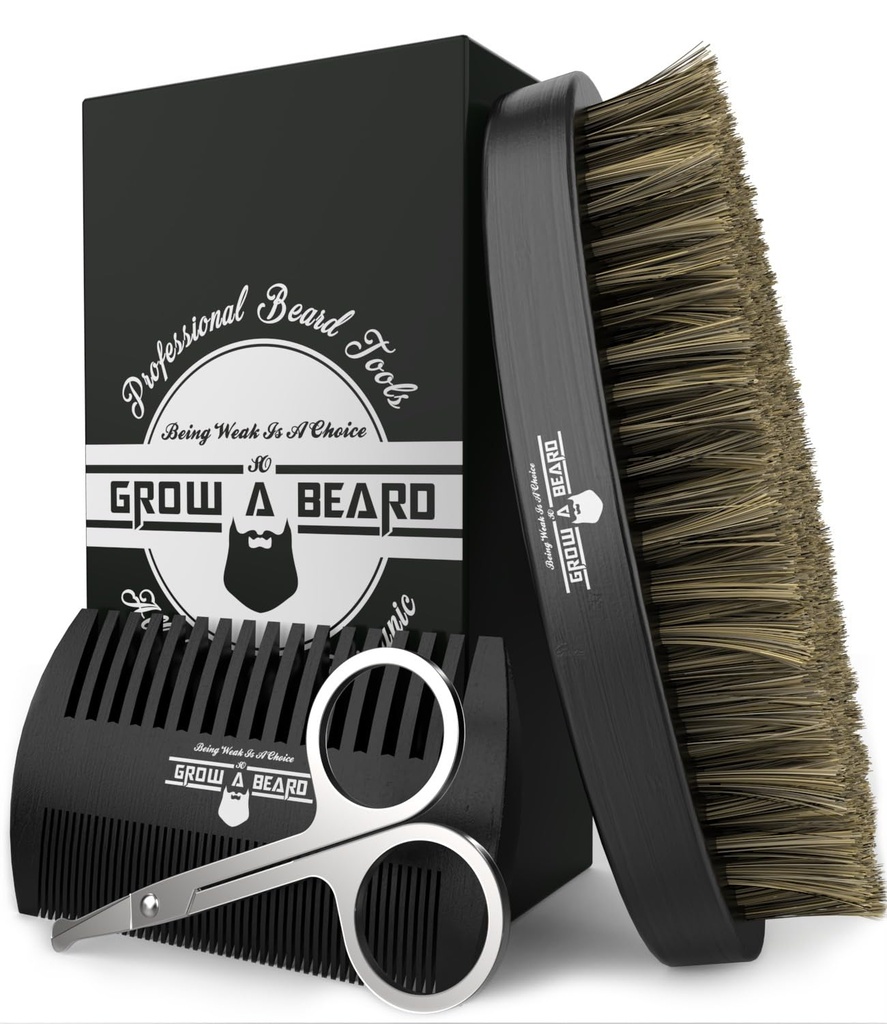 Beard Brush For Men & Beard Comb Set w/Mustache Scissors Grooming Kit, Natural Boar Bristle Brush, Dual Action Wood Comb, And Travel Bag Great For Christmas Gift