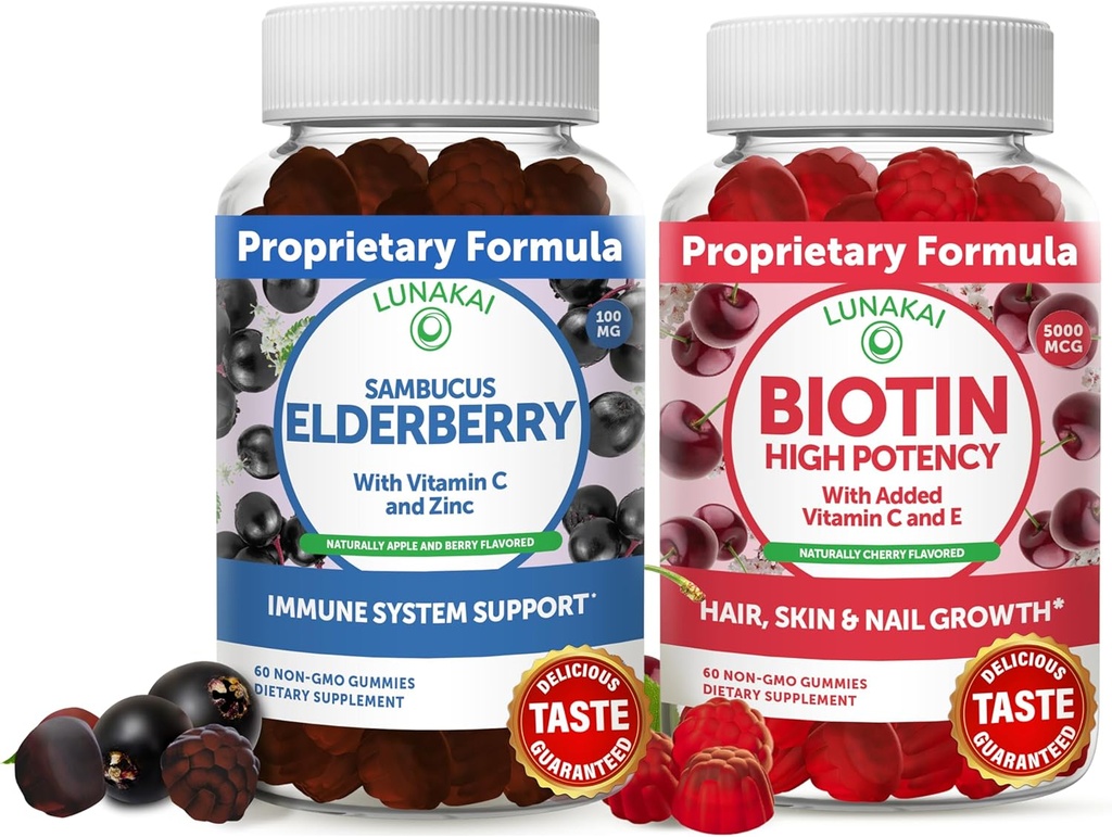 Lunakai Biotin & Elderberry Gummies Bundle - Gummy hiusten kasvua, ihon hehku ja vahvempi kynnet C-vitamiini ja E - Immuuni tuki täydentää aikuisille ja lapsille