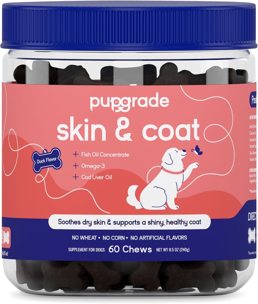 Supplément PupGrade Skin & Coat Soft Chew pour chiens – Soutient la peau saine, le manteau et la fonction immunitaire - Riche en huile de poisson naturelle, acides gras oméga et vitamines – 60 Chews doux