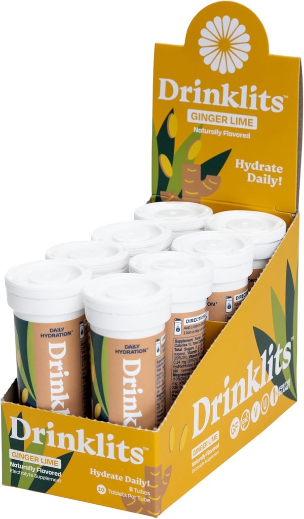 Drinklits Ginger Lime Electrolyte Sports Drink Fizzy Hydration Tablety (8) Trubka Bundle 124; Přírodní Flavors - 0g Cukr - Denní použití Duševní 124; 80 Servings - 10 Tablety per Tube