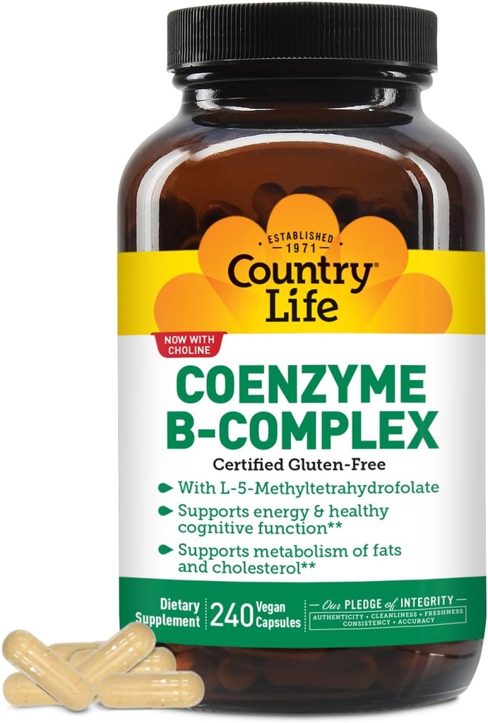 Country Life, Coenzima B-Complex Vitamina, soporte de enerxía e metabolismo, Suplemento diario, 240 ct